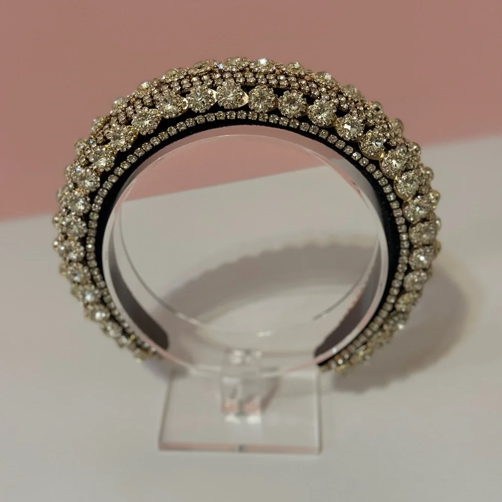 White Rhinestone Black Velvet Headband - Picture 3 of 7